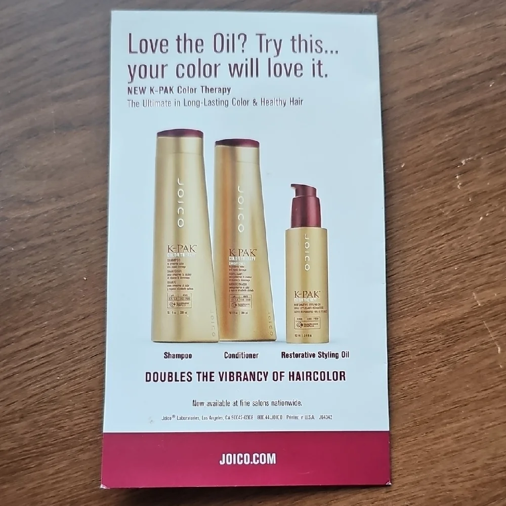 Joico K-Pak Color Therapy Styling Oil - 2 Sample Packets With Info Card